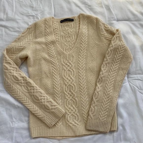 Ralph Lauren Black Label Sweaters - Ralph Lauren Black Label Wool Cashmere Cable-knit V-Neck Sweater S Cream 1440